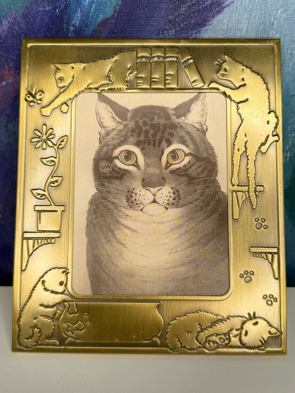 Metal Cat Picture Photo Frame Gold Colored Easel Back Vintage Cottagecore Cute